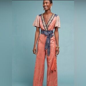 Anthropologie Akemi + Kin Sofia Embroidered Metallic Jumpsuit size 4 NWT